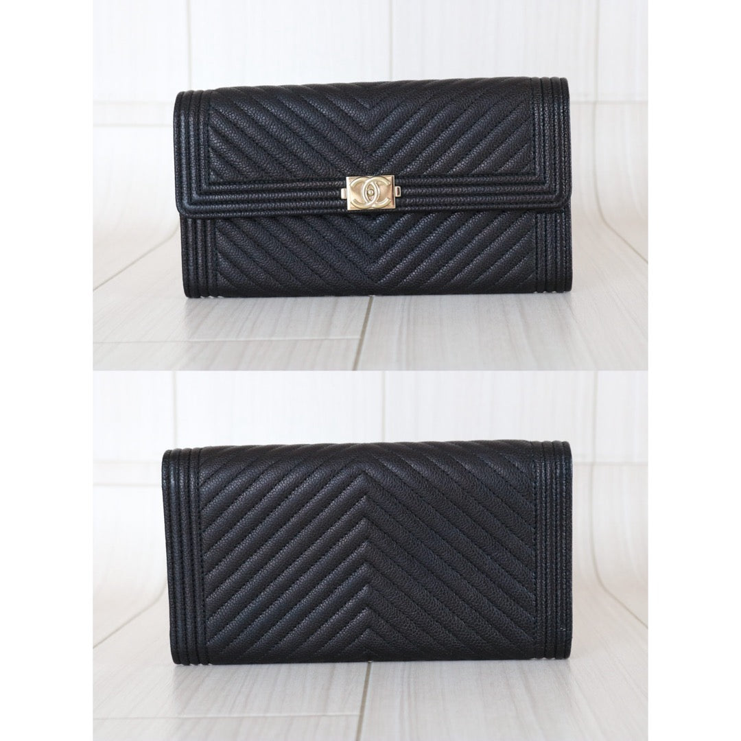 Include Entrupy Certificate of Authenticity｜Very Good ( Rank A)｜Full Set CHANEL Leboy Caviar Skin Black Long Wallet Made In 2017-2018Year｜X26031202