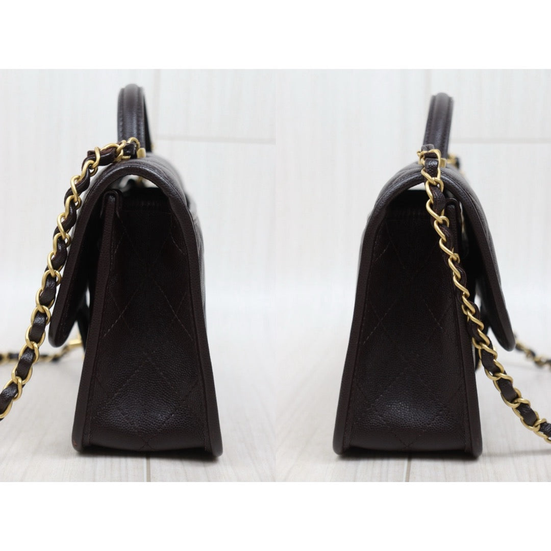 Very Good ( Rank A)｜ CHANEL Matrasse  Calf Leather 22K  Flap With Top Handle Shoulder Bag Chocolate IC Chips Model ｜A26030617