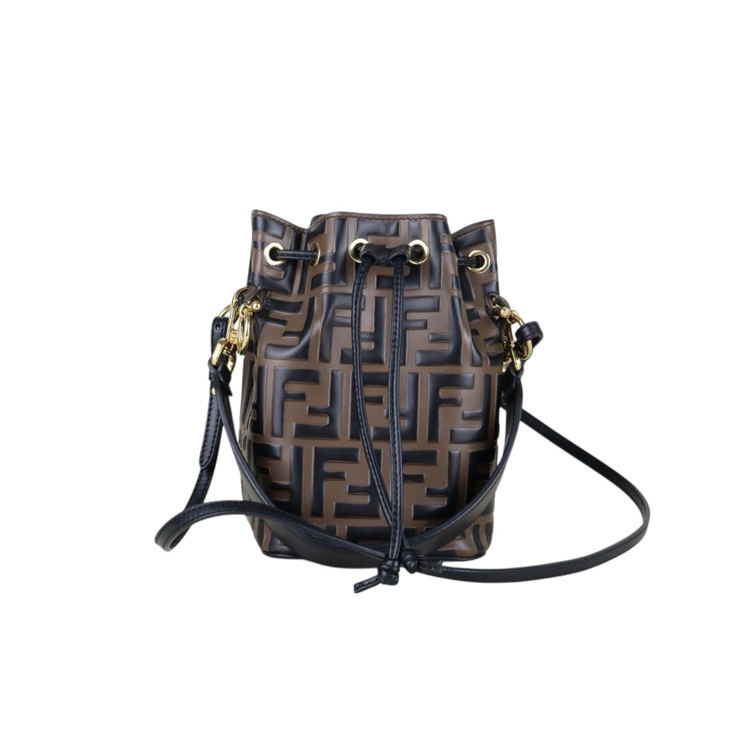 Good ( Rank AB)｜ FENDI Zucca Mini Mon Tresor Calf Leather Bucket bag Shoulder Bag Brown ｜S26010803