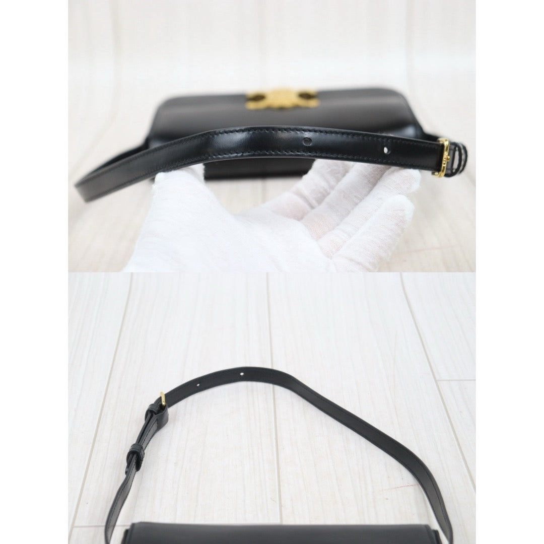 Good ( Rank AB) ｜CELINE Calf Leather Triomphe Black Shoulder Bag Golden Hardware｜S25090105