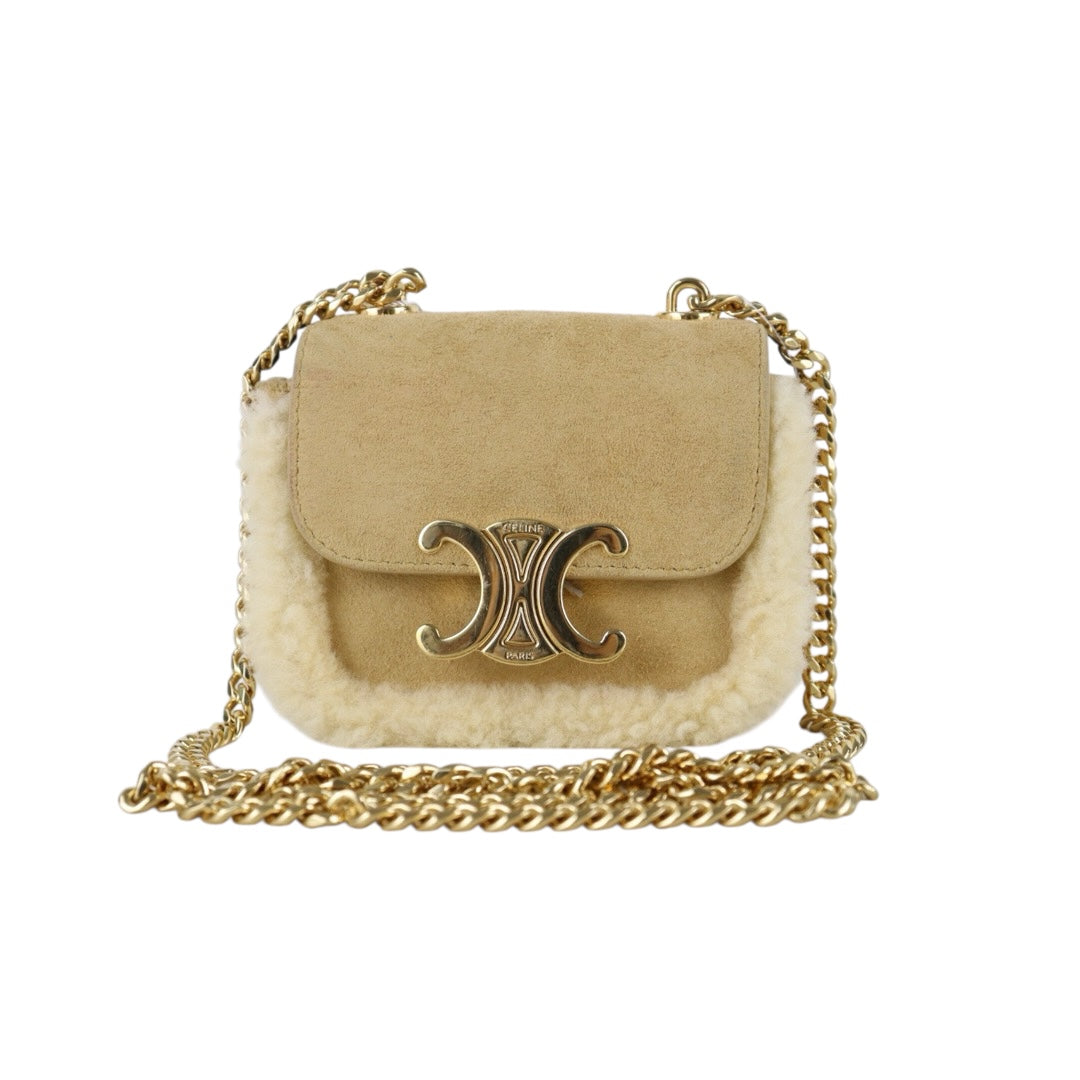 Include Entrupy Certificate of Authenticity｜Good ( Rank A) ｜CELINE Suede Shearling Triomphe Mini Chain Claude Shoulder Bag ｜S26083015