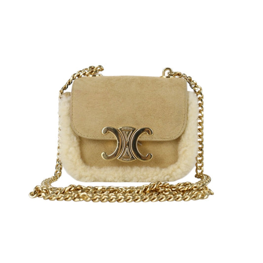 Include Entrupy Certificate of Authenticity｜Good ( Rank A) ｜CELINE Suede Shearling Triomphe Mini Chain Claude Shoulder Bag ｜S26083015