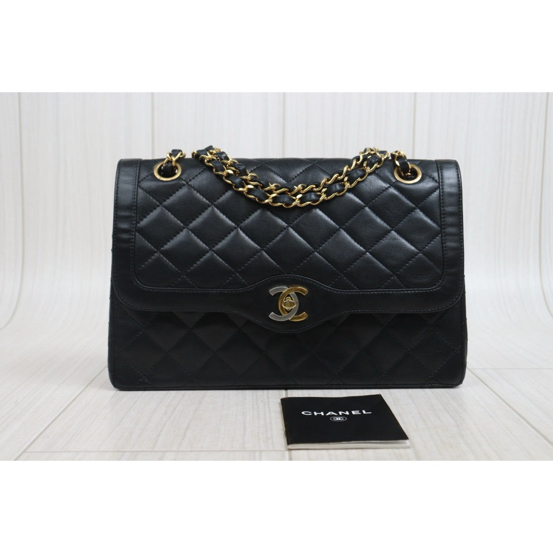 Include Entrupy Certificate of Authenticity｜Good ( Rank AB)｜CHANEL Paris Limited Edition Lambskin Black Double Flap Shoulder Bag  Made In 1991～1994Year｜S26080615