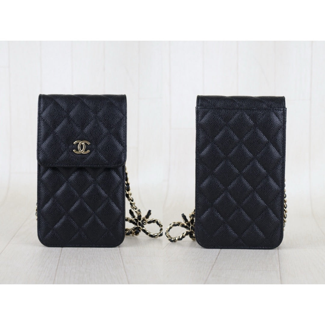 Include Entrupy Certificate of Authenticity｜Excellent（Rank SA）｜Full Set CHANEL 23S Caviar Skin Bow Matrasse Chain Phone Holder Black  IC Chips Model ｜S26051507