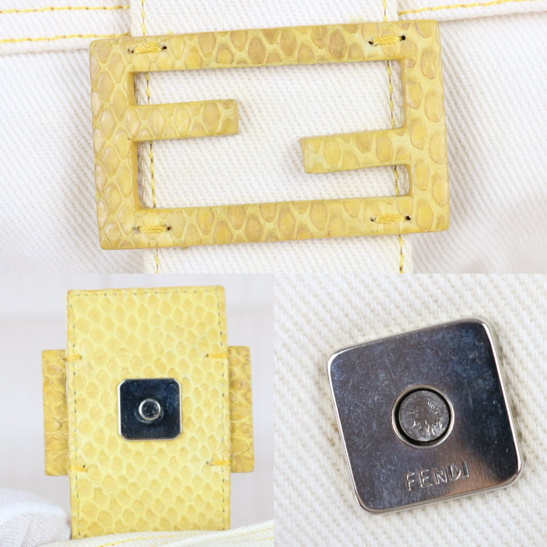 Include Entrupy Certificate of Authenticity｜Good ( Rank AB)｜ FENDI White Denim and Yellow Python Mamma Baguette Shoulder Bag ｜X26090412