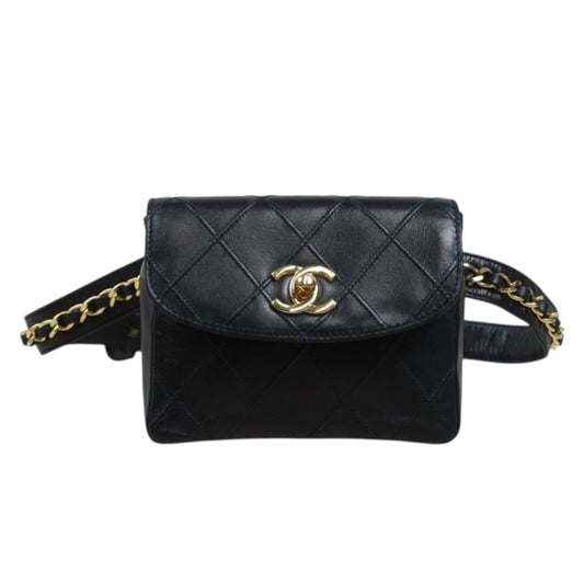 Include Entrupy Certificate of Authenticity｜Very Good ( Rank A)｜CHANEL Lamb Skin 24k Gold-Plated Matrasse Waist Bag Black ｜26032307
