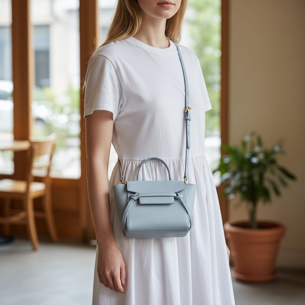 Include Entrupy Certificate of Authenticity｜Good ( Rank AB)｜CELINE Calf Leather  Belt Nano Handbag Shoulder Bag Light Blue｜X26030106