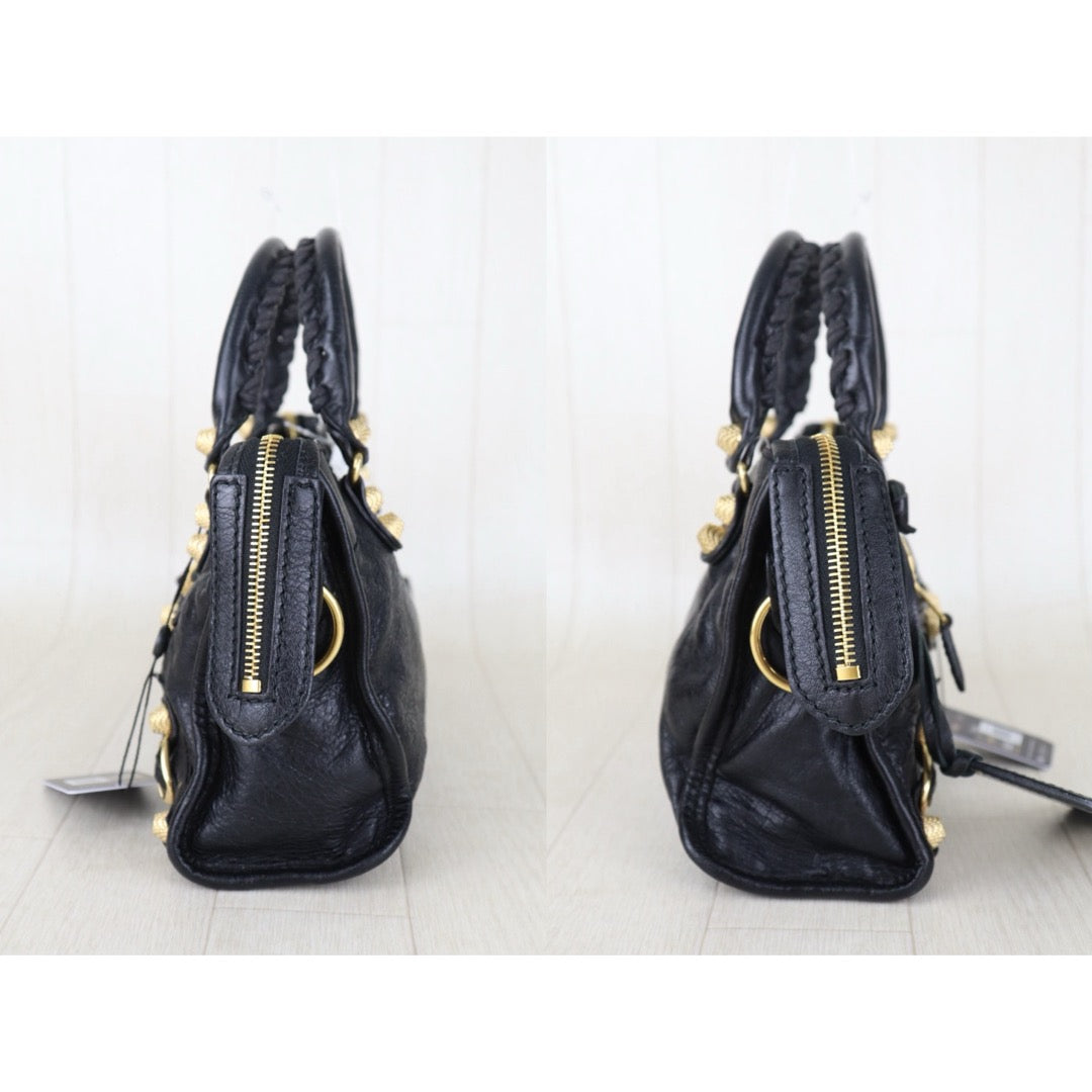 Include Entrupy Certificate of Authenticity｜Good ( Rank AB)｜Balenciaga Chevre Leather Gaint Classic Metallic Edge City Mini Black HandBag Shoulder Bag ｜Z26092903