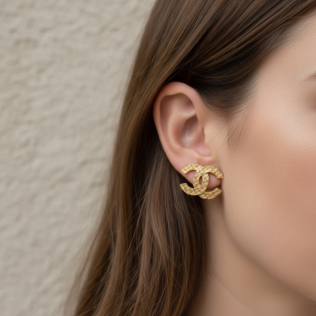 Include Authentic Detective Certificate of Authenticity｜Very Good ( Rank A) ｜ CHANEL  Coco Mark  Golden Weave Earrings｜26062605
