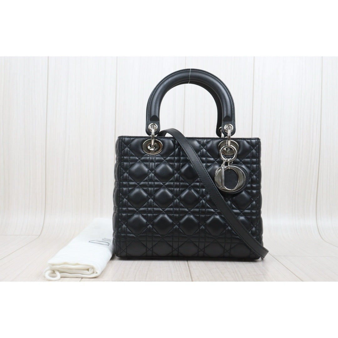 Very Good ( Rank A) ｜  Dior Lady Dior Lamb Skin 2WAY Shoulder Bag Handbag Black  ｜S25083002