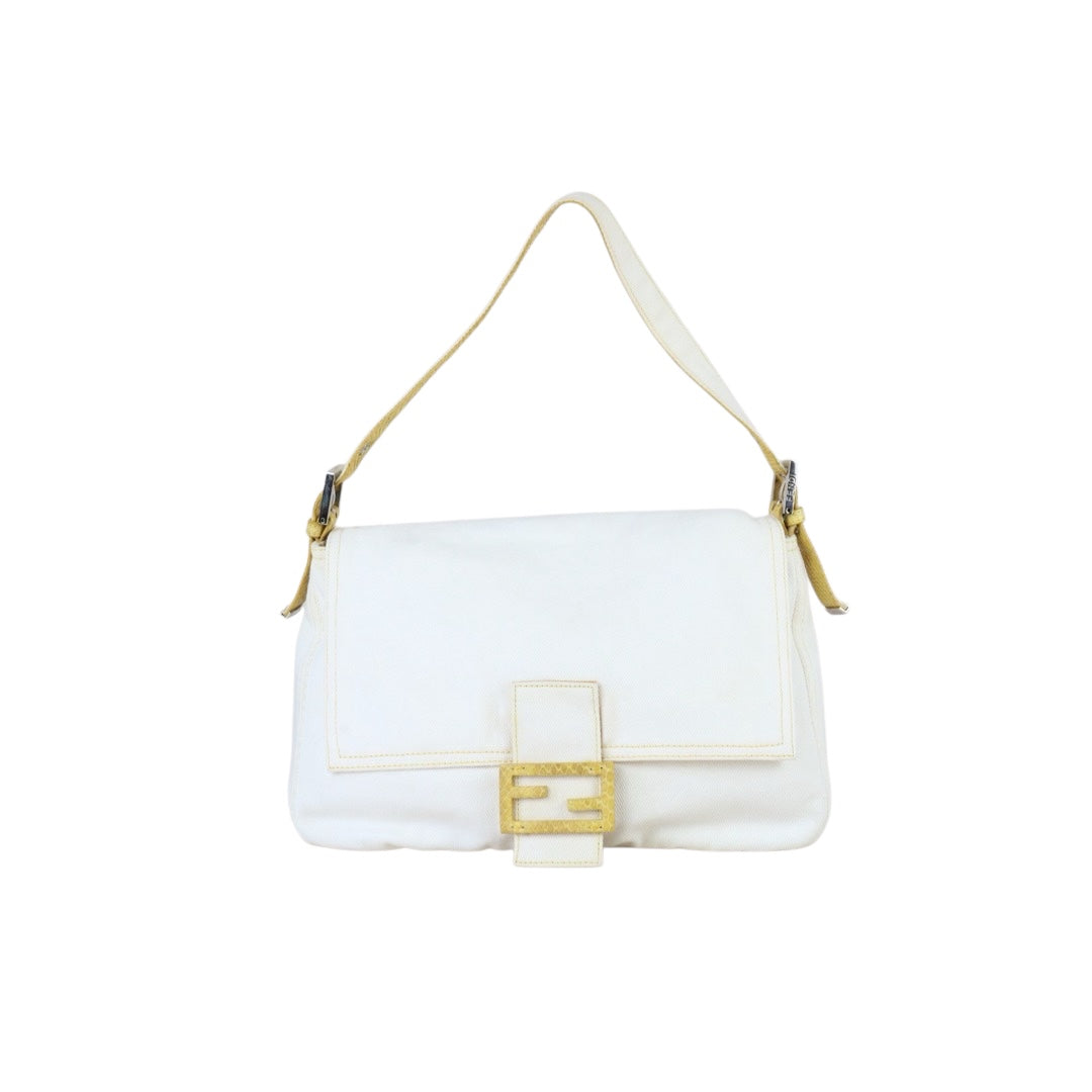 Include Entrupy Certificate of Authenticity｜Good ( Rank AB)｜ FENDI White Denim and Yellow Python Mamma Baguette Shoulder Bag ｜X26090412
