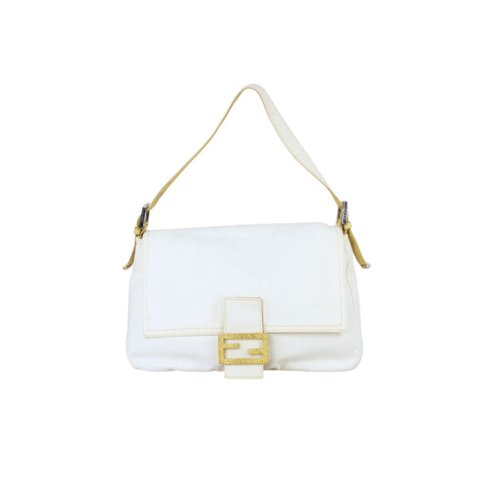 Include Entrupy Certificate of Authenticity｜Good ( Rank AB)｜ FENDI White Denim and Yellow Python Mamma Baguette Shoulder Bag ｜X26090412