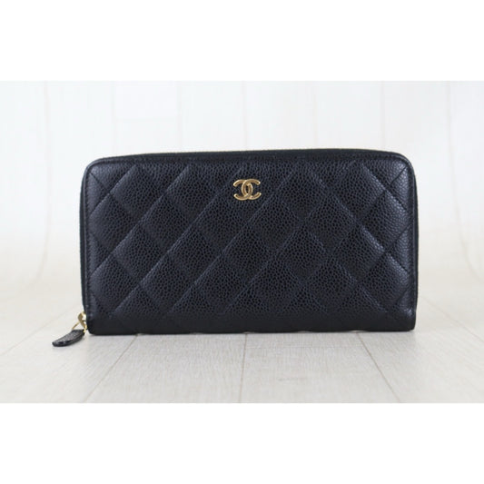 Include Entrupy Certificate of Authenticity｜Very Good ( Rank A)｜CHANEL Matlasse Caviar Skin Classic Long Zip Wallet Black Made In 2014-2015 Year｜S26080104