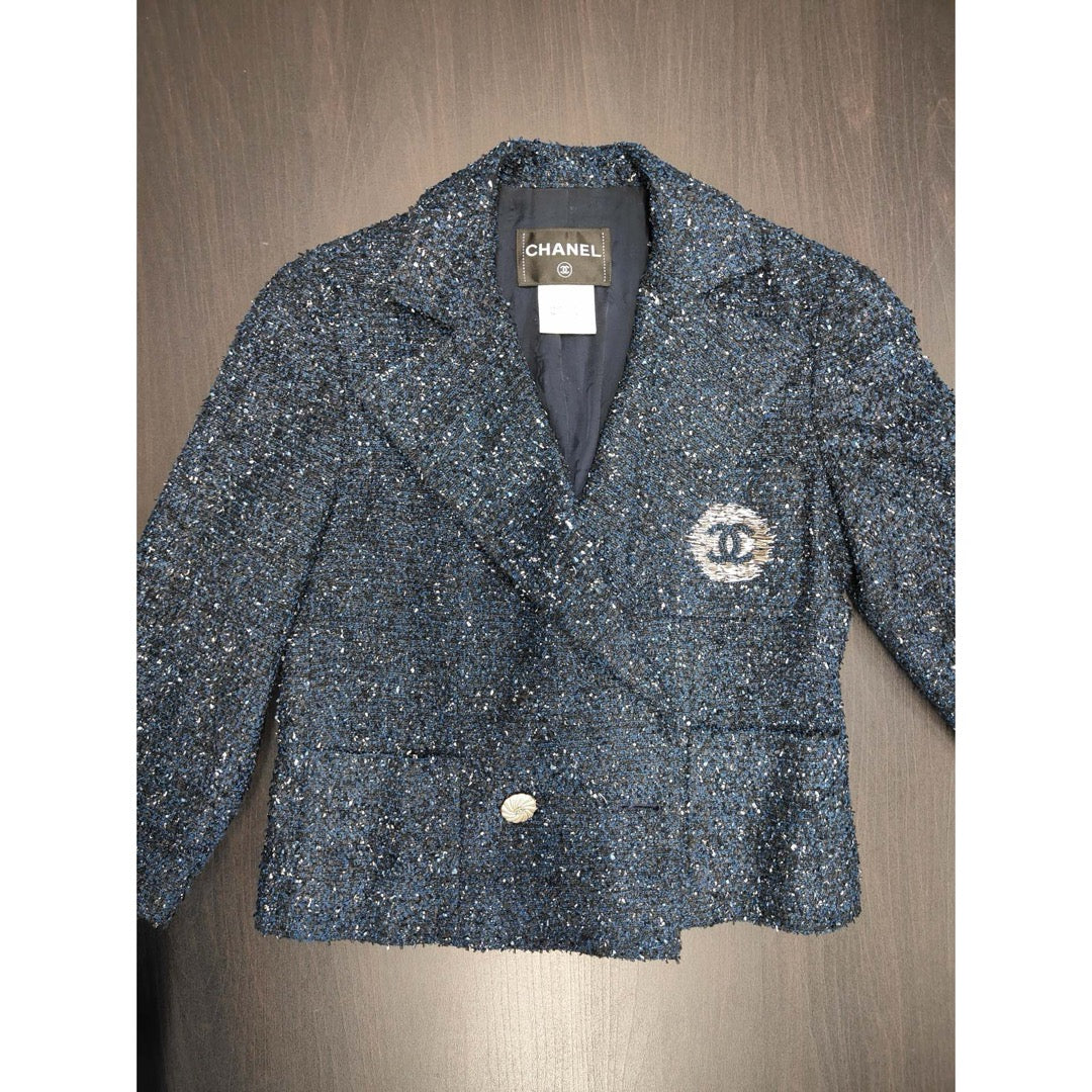 Very Good ( Rank A) ｜ CHANEL 12P Acrylic Embroidery Dark Blue Coat 38 Size｜W25102110