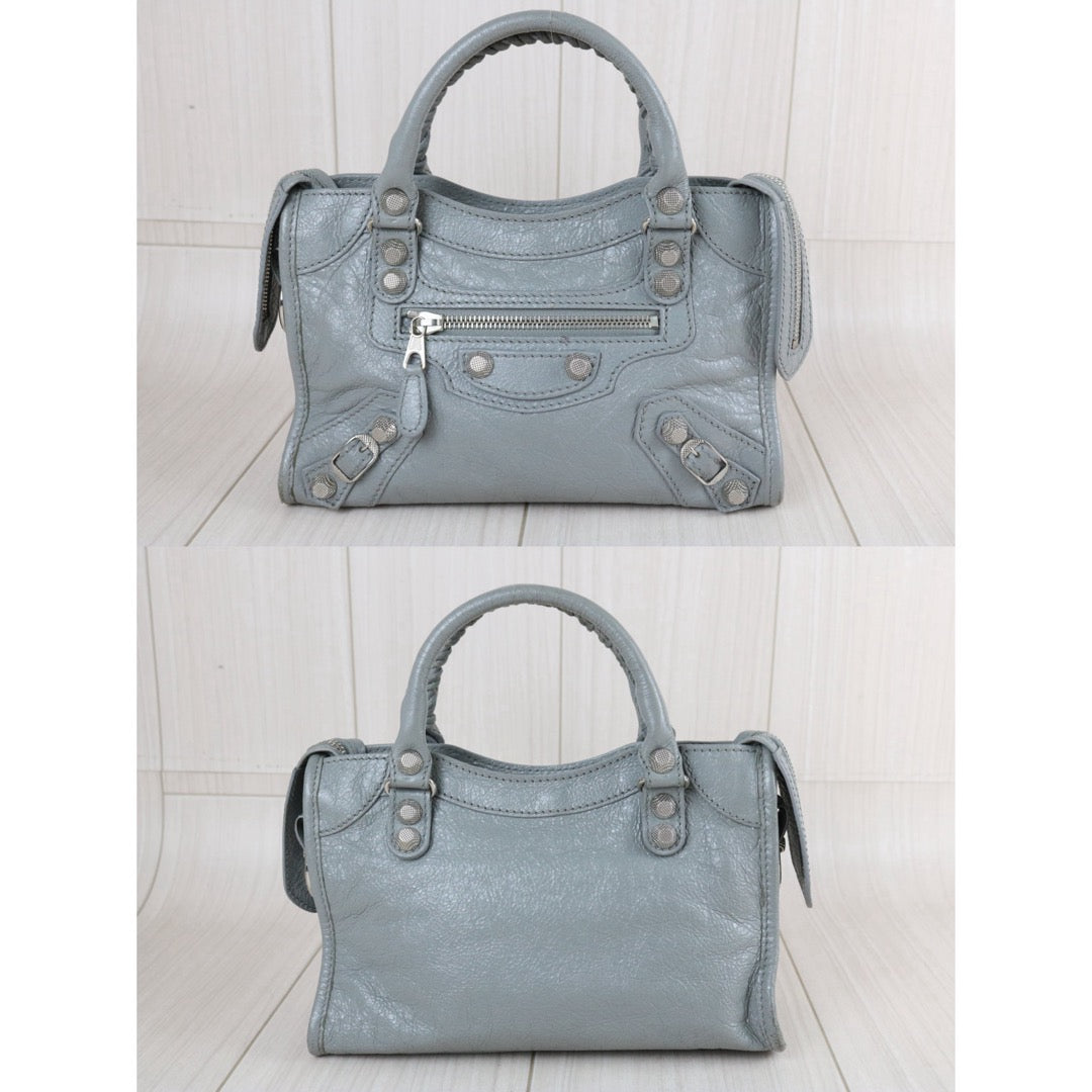 Include Entrupy Certificate of Authenticity｜Good ( Rank AB)｜Balenciaga Waxed Leather Gaint Classic Mini City Grey HandBag Shoulder Bag ｜S26072604