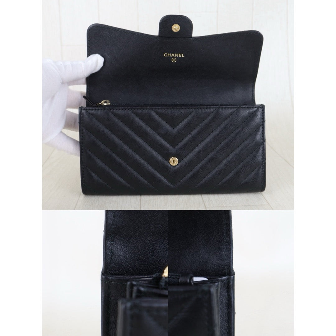 Include Entrupy Certificate of Authenticity｜Very Good ( Rank A)｜CHANEL Calf Skin Black Long Wallet Made In 2016-2017Year｜S26053007