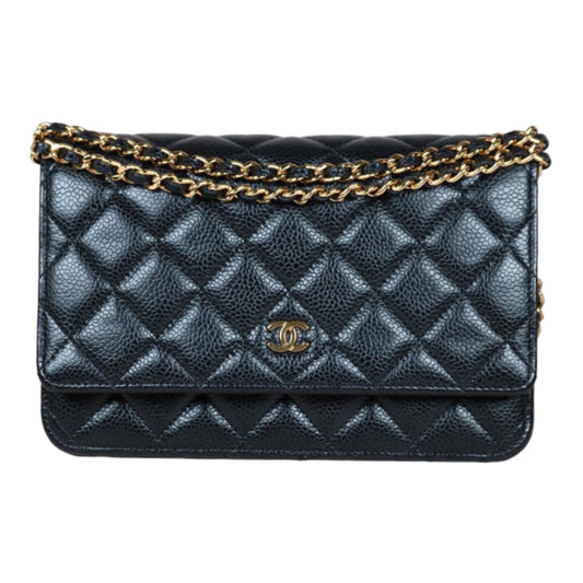 Very Good ( Rank A)｜ CHANEL Matelasse Caviar Skin Chain Wallet Black Gold Hardware Made in 2021-2022 Year ｜W24053101