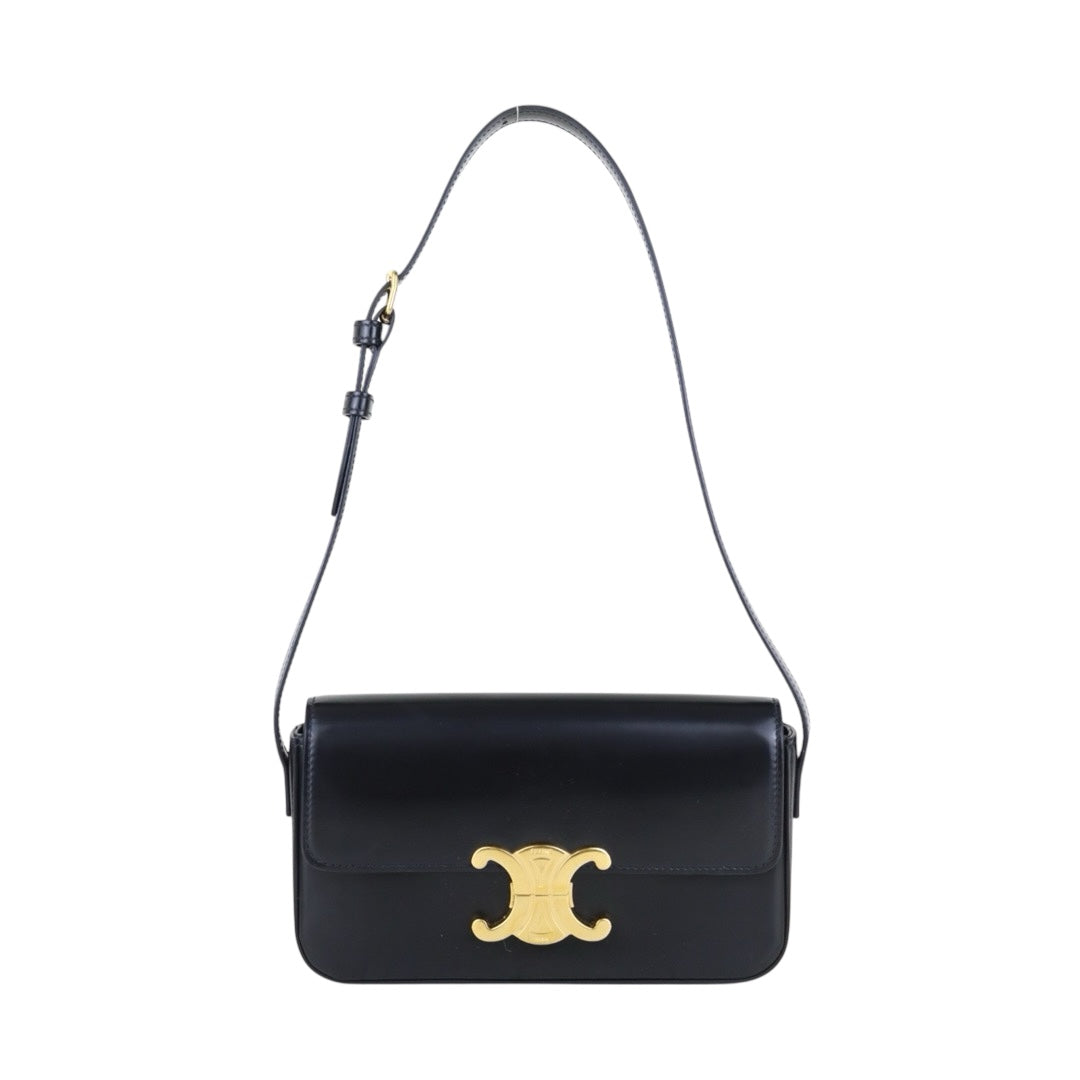 Very Good ( Rank A)｜CELINE Calf Leather Triomphe Black Shoulder Bag Golden Hardware｜S25103010