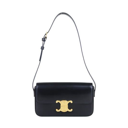 Very Good ( Rank A)｜CELINE Calf Leather Triomphe Black Shoulder Bag Golden Hardware｜S25103010
