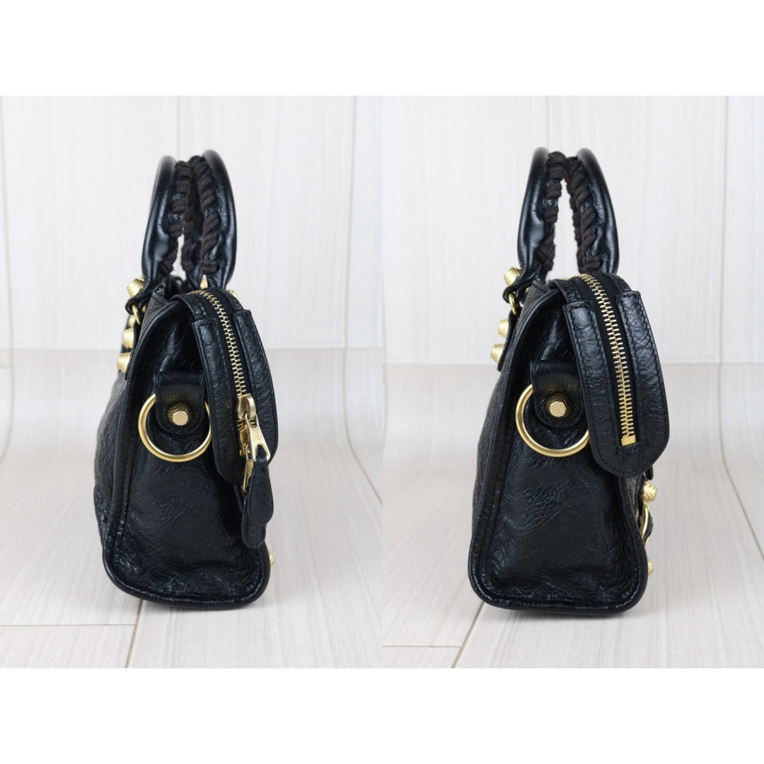 Include Entrupy Certificate of Authenticity｜Good ( Rank AB)｜Balenciaga Oiled Leather Gaint Classic Mini City Handbag Shoulder Bag Black｜S26052502