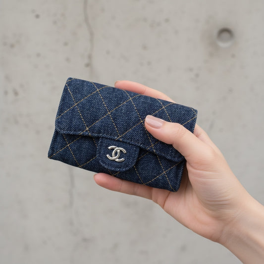 Include Entrupy Certificate of Authenticity｜Excellent（Rank SA）｜Full Set Chanel 26S Denim Classic Card Holder Dark Blue IC Chips Model｜X26041307