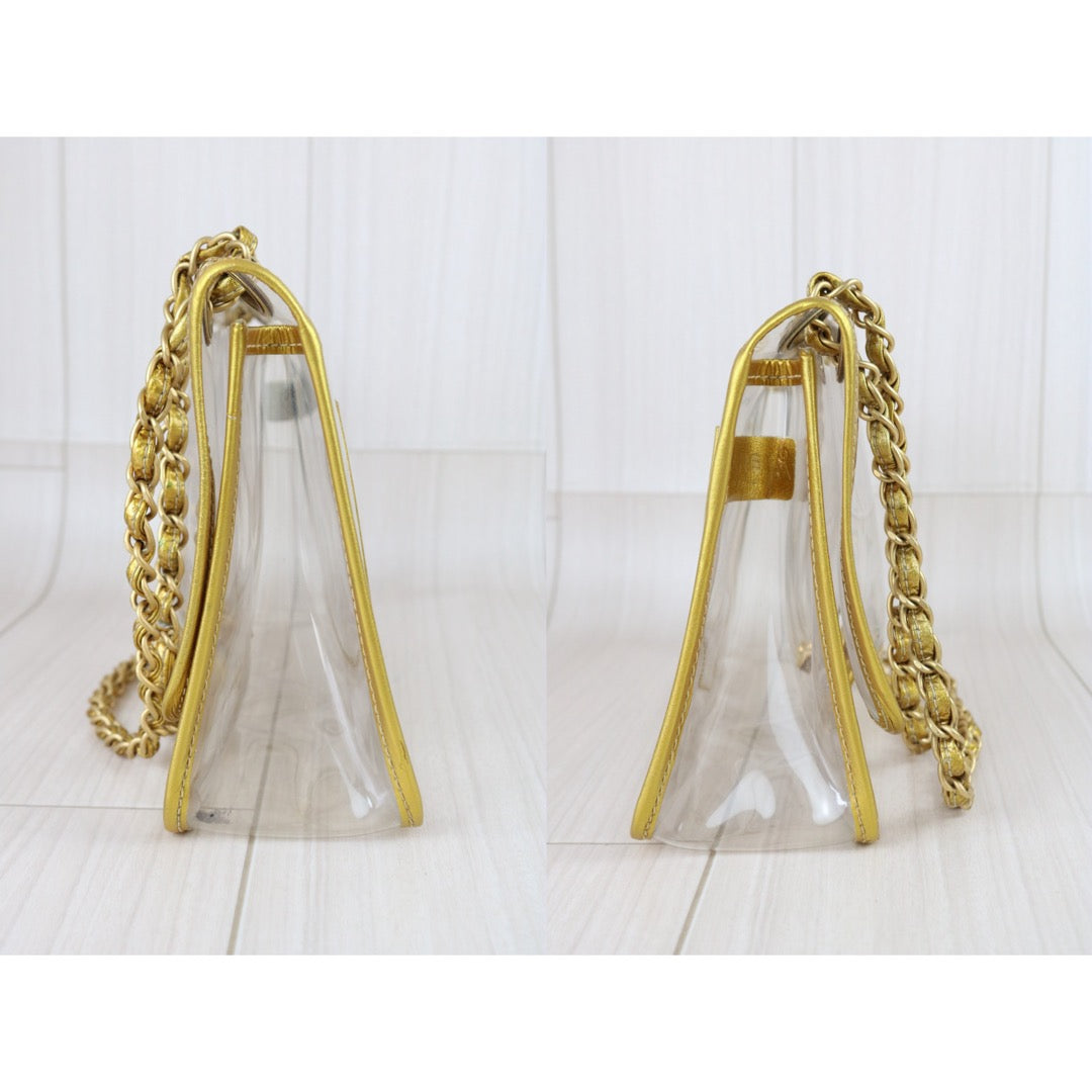 Include Entrupy Certificate of Authenticity｜Good ( Rank AB) ｜ CHANEL Vintage Clear PVC Gold Trim Classic Flap  Chain Bag Made In 2006-2008 Year｜S26083011