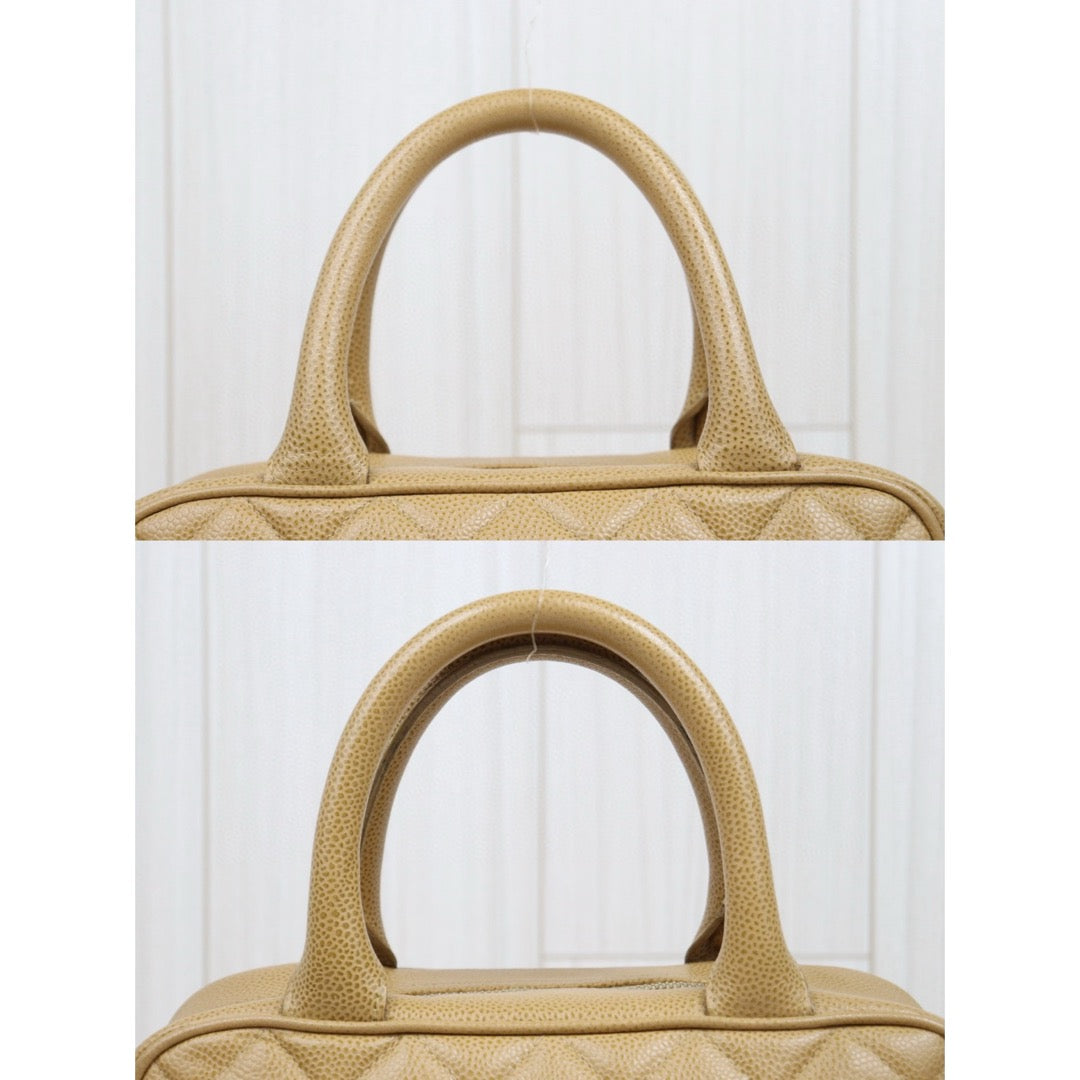 Good ( Rank AB)｜ CHANEL Caviar Skin Leather Calf Leather Bowling Hand Bag Beige Made In 2003～2004Year｜P25051601