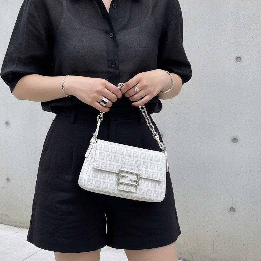 Include Entrupy Certificate of Authenticity｜Good ( Rank AB)｜ FENDI Zucca Mamma Baguette Shoulder Bag White｜S26060611