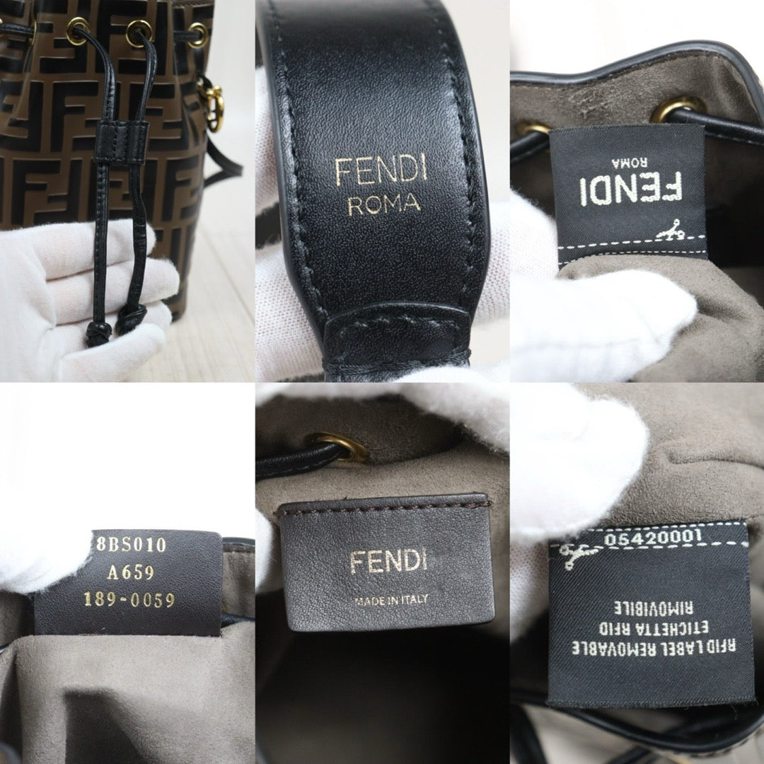 Include Entrupy Certificate of Authenticity｜Good ( Rank AB)｜ FENDI Zucca Mini Mon Tresor Calf Leather Bucket bag Shoulder Bag Brown ｜26051904