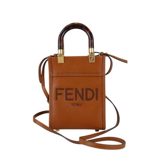 Include Entrupy Certificate of Authenticity｜Very Good ( Rank A)｜ FENDI Calfskin Leather Sunshine Mini  Tote Bag Shoulder Bag Brown｜S26030821