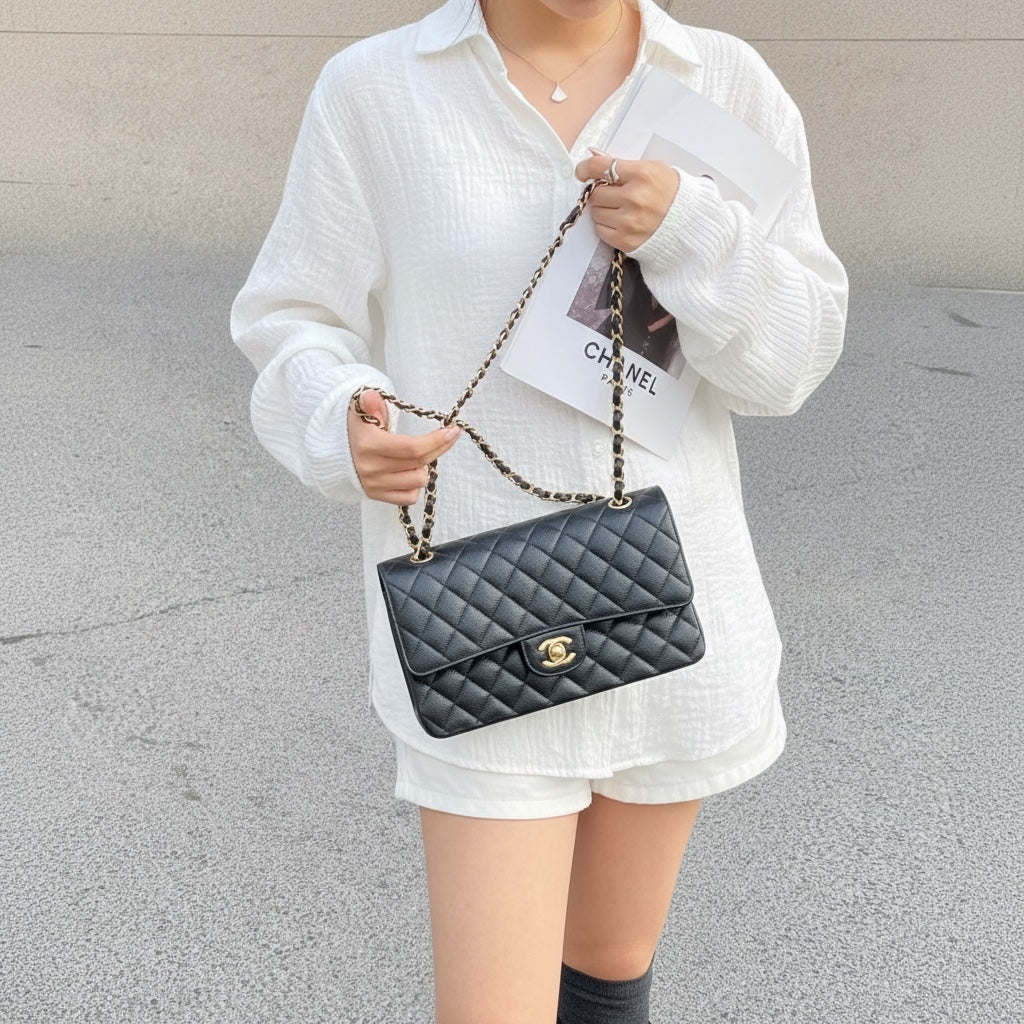 Include Entrupy Certificate of Authenticity｜Very Good ( Rank A)｜Full Set CHANEL Caviar Skin Matrasse Chain Double Flap 25 Shoulder Bag Black Made In 2017Year  ｜S26040301