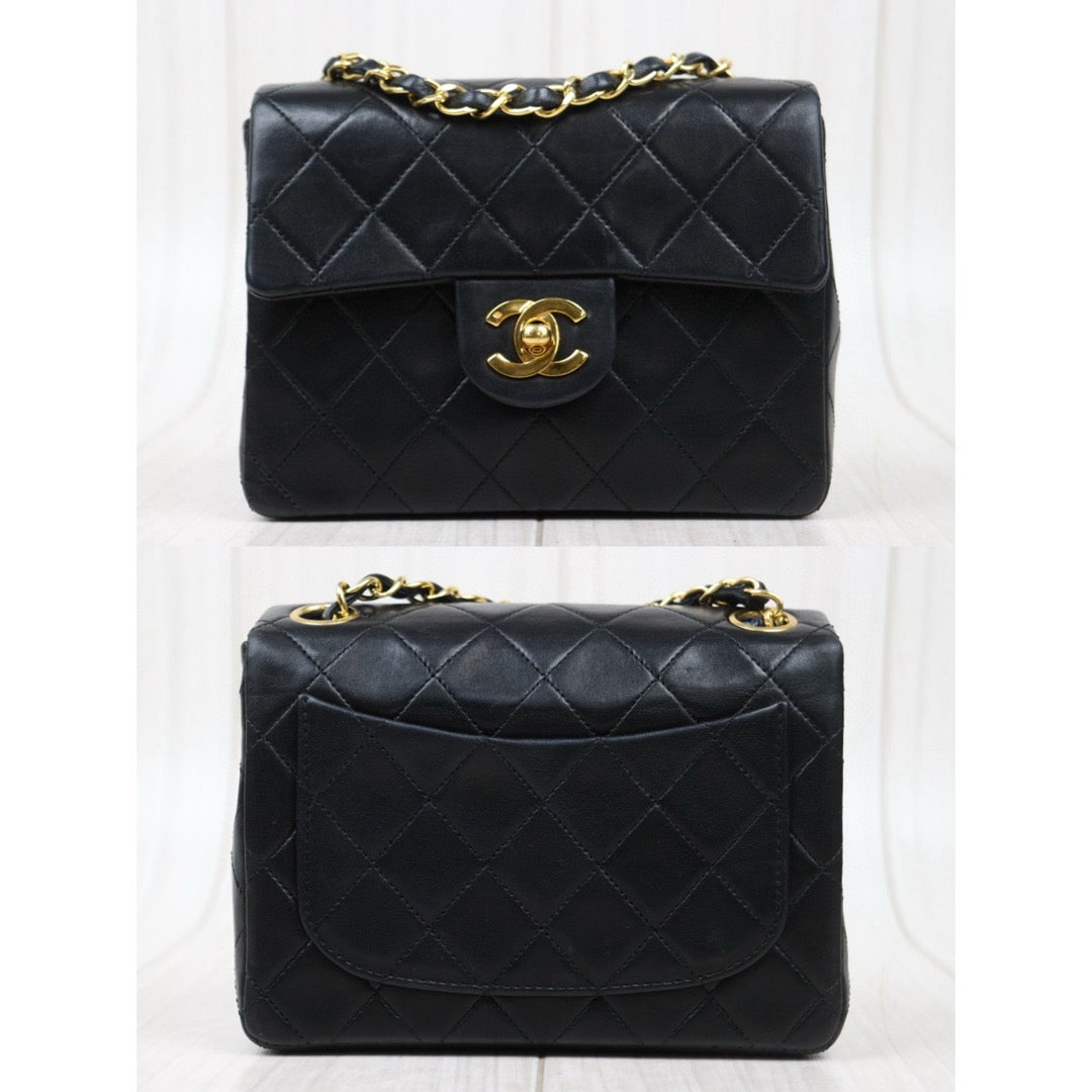 Good ( Rank AB)｜ CHANEL Lanbskin Square 17 Pearl  Shoulder Bag Black Made In 1991～1994 Year ｜25013118