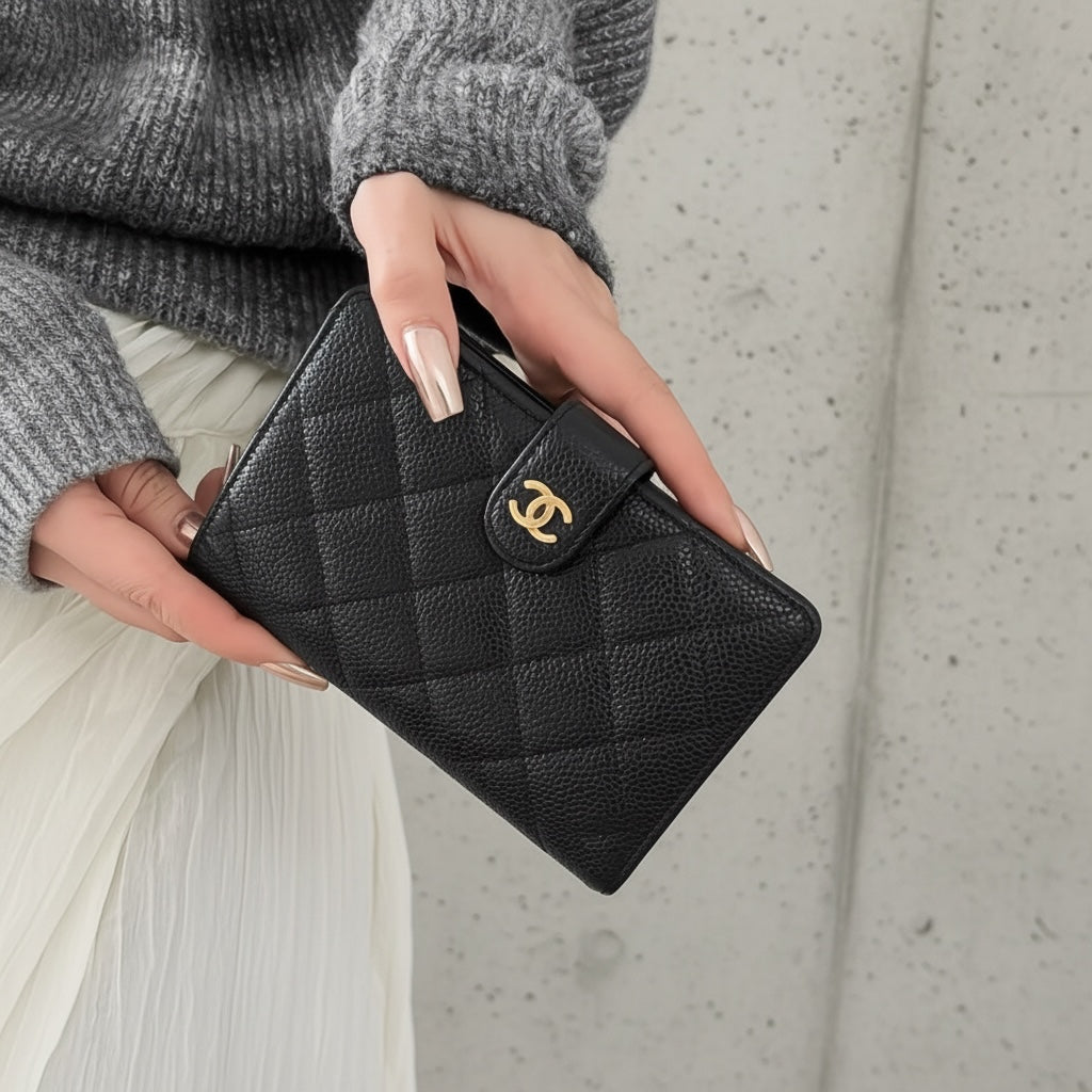 Include Entrupy Certificate of Authenticity｜Very Good ( Rank A)｜ Chanel Caviar Skin Black Wallet Made In 2015-2016Year ｜S26061504
