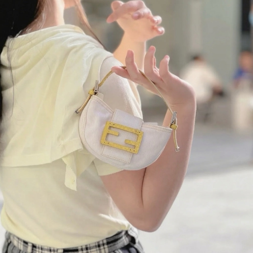Include Entrupy Certificate of Authenticity｜Good ( Rank AB)｜ FENDI White Denim and Yellow Python Mini Croissant Shoulder Bag ｜X26090802
