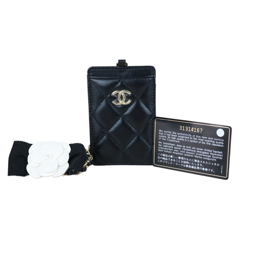 Include Entrupy Certificate of Authenticity｜Very Good ( Rank A)｜ CHANEL Coco Mark Lambskin Matrasse Bow Chain Card Holder Black Made In 2021-2022Year｜S26061501