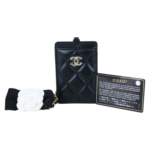 Include Entrupy Certificate of Authenticity｜Very Good ( Rank A)｜ CHANEL Coco Mark Lambskin Matrasse Bow Chain Card Holder Black Made In 2021-2022Year｜S26061501