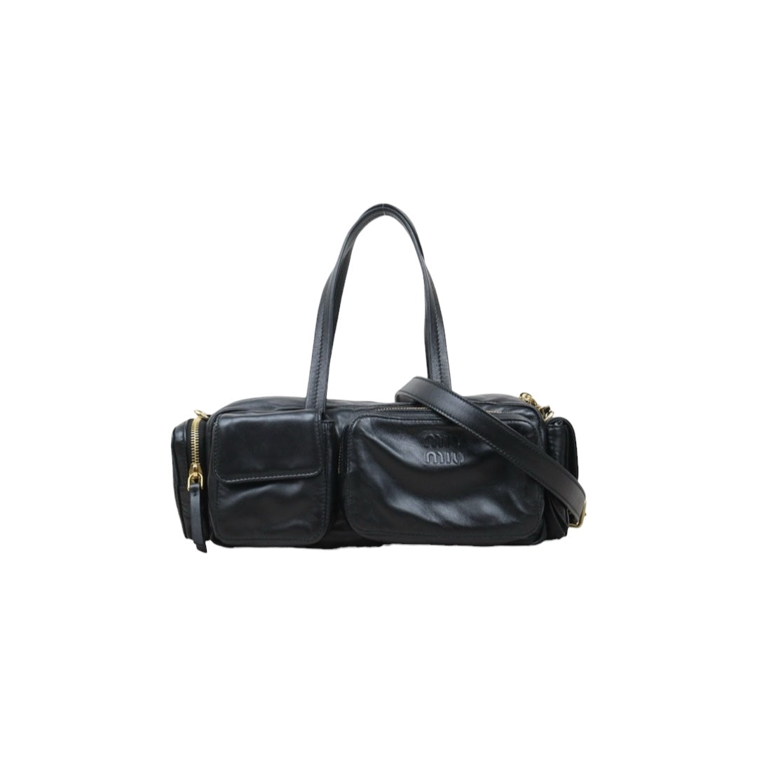 Very Good ( Rank A)｜MiuMiu Lamb Skin Pocket Nappa Hand Bag Shoulder Bag Black｜Y25072803