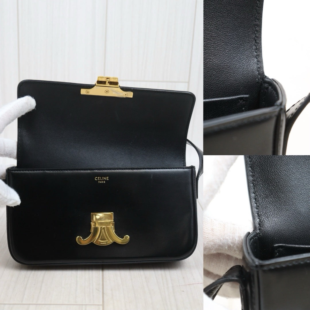 Good ( Rank AB) ｜CELINE Calf Leather Triomphe Black Shoulder Bag Golden Hardware｜S25090105