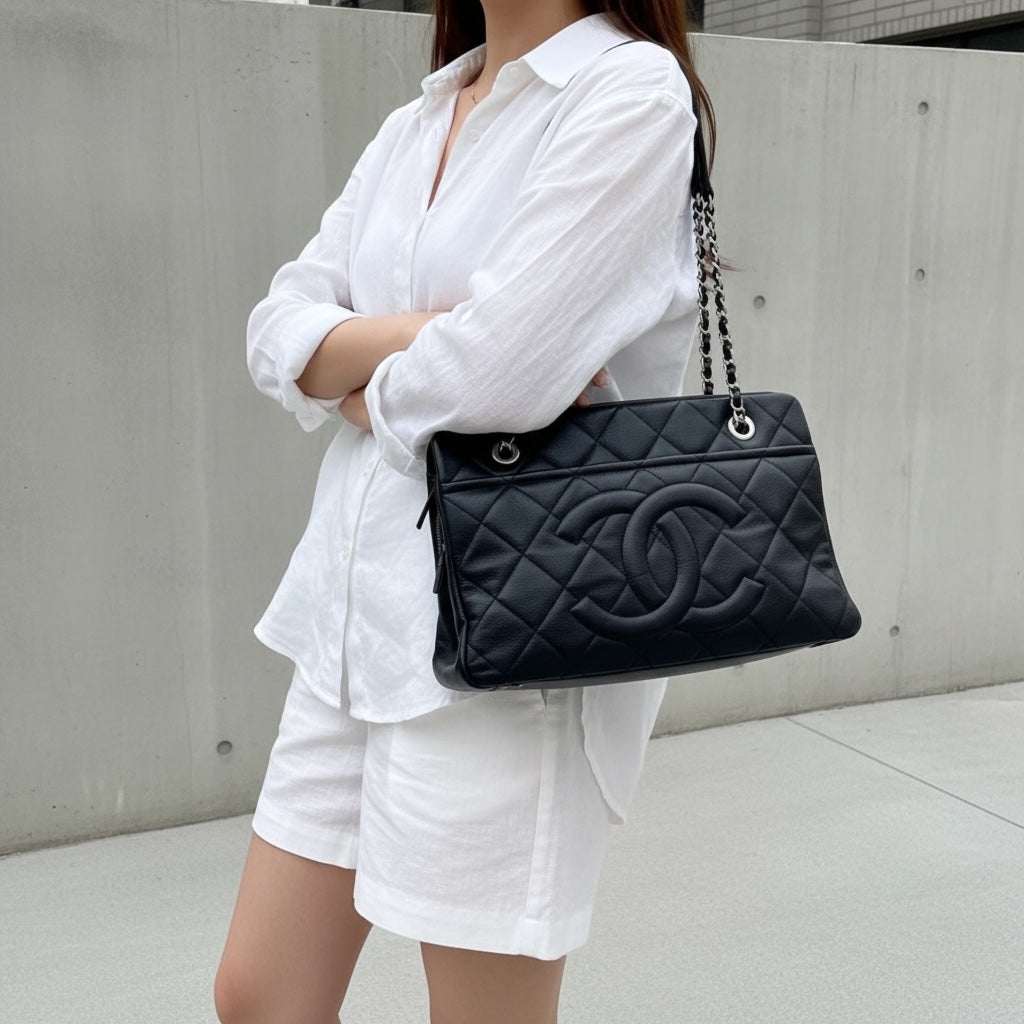 Include Entrupy Certificate of Authenticity｜Good ( Rank AB)｜ CHANEL Calf Leather  Matrasse Chain Tote Bag Black Made In 2013～2014Year｜S26060105
