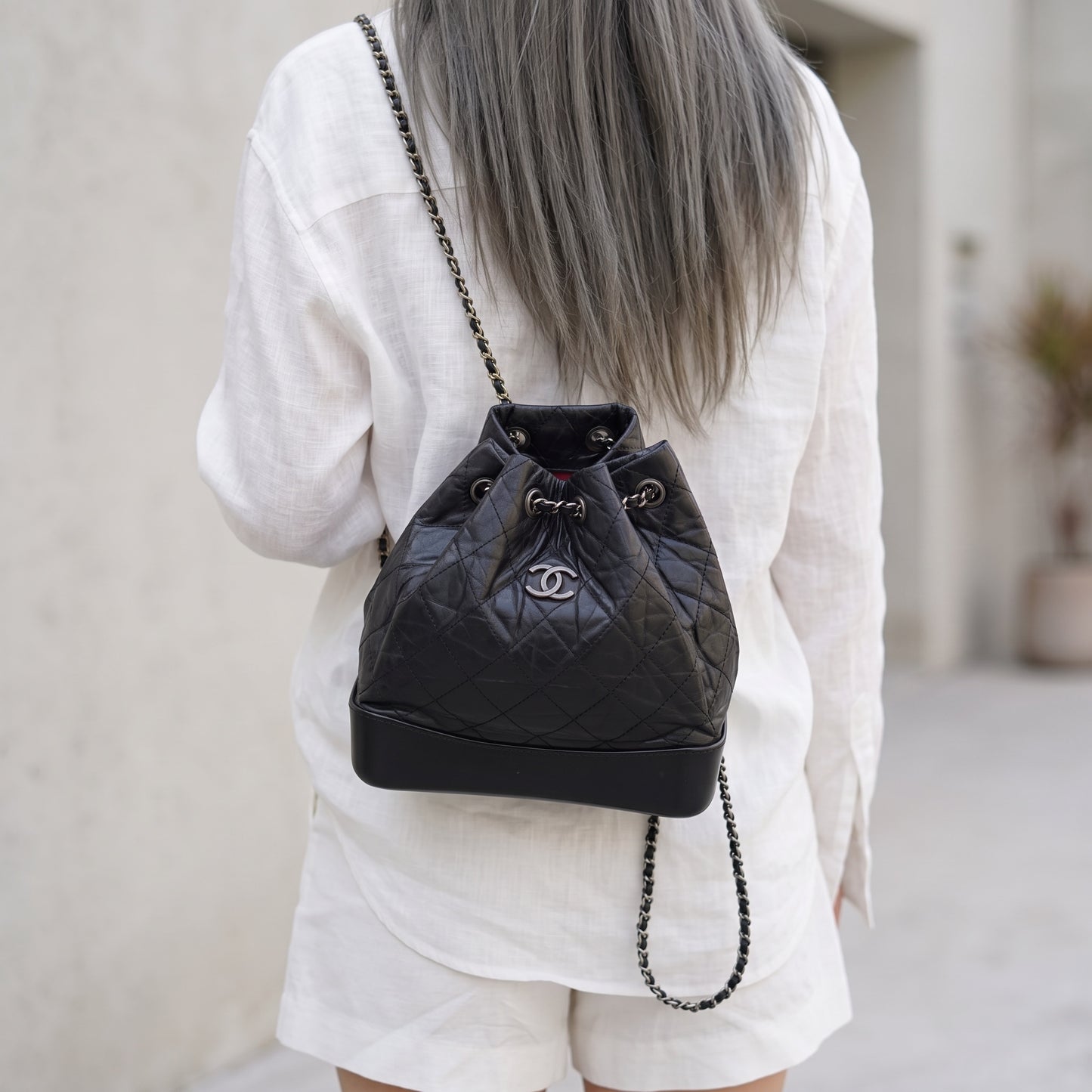Include Entrupy Certificate of Authenticity｜Very Good ( Rank A)｜ CHANEL Gabrielle Calfskin Chain Backpack Black Made In 2017-2018Year｜S26072548