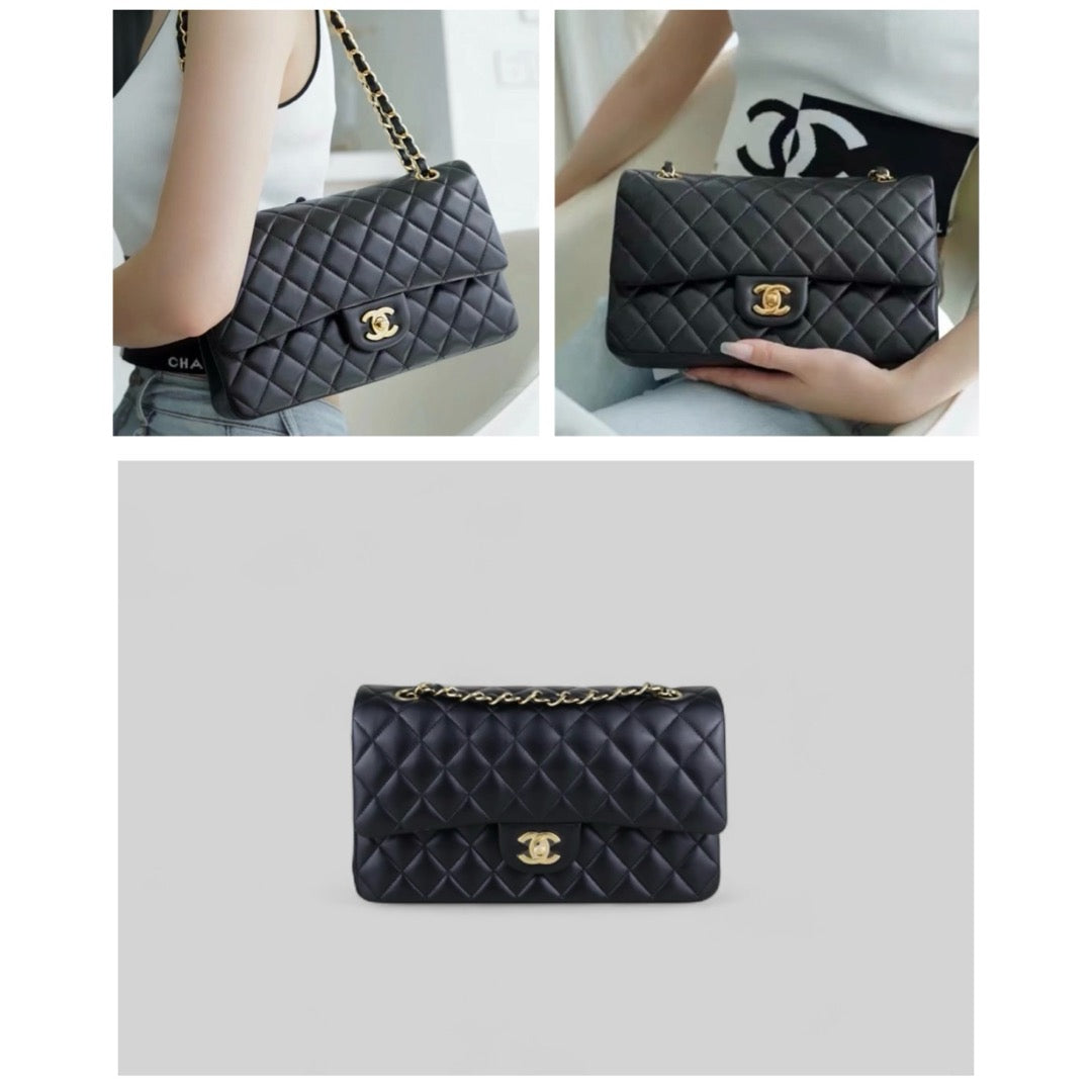 Excellent（Rank SA）｜ Full Set  CHANEL Matrasse Lamb Skin Double Flap 25 Shoulder Bag Black Made In 2018-2019 Year｜H25043008