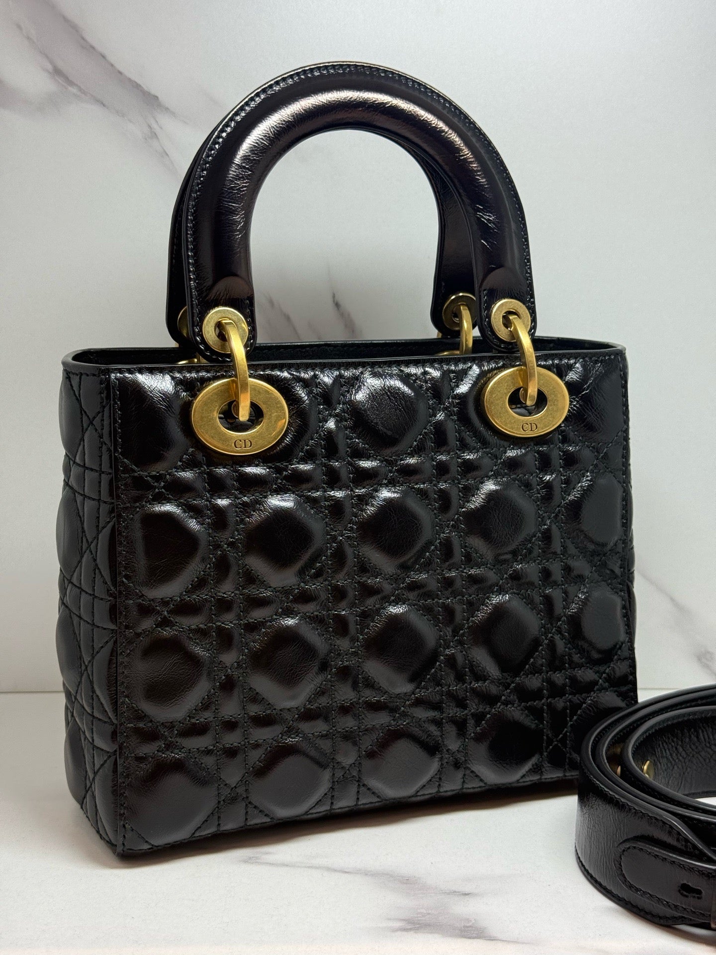 Dior Small Lady Dior Cafe Skin 2WAY Shoulder Bag Handbag Black