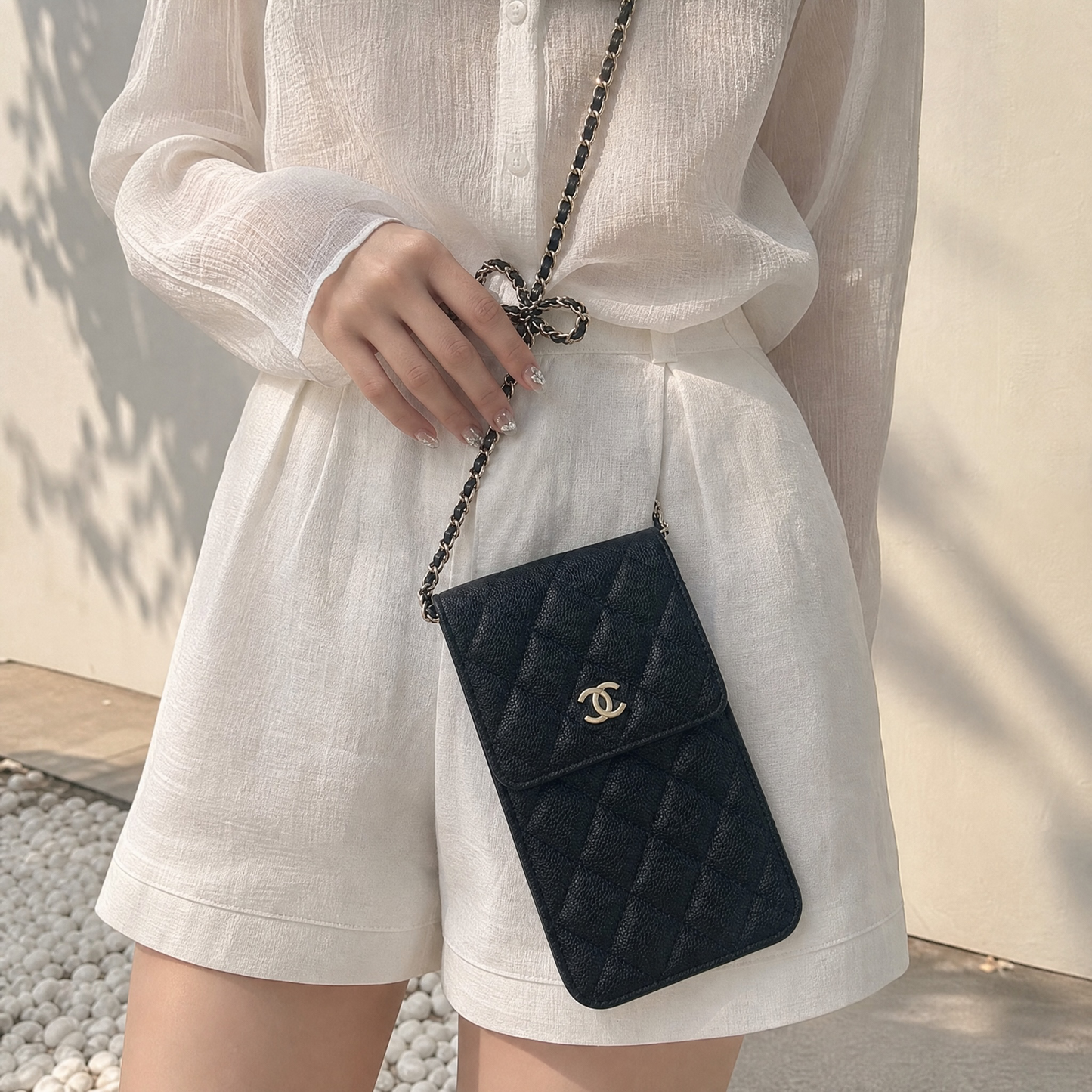 Include Entrupy Certificate of Authenticity｜Very Good（Rank A）｜CHANEL Caviar Skin  Flap Phone Holder Chain Shoulder Bag Black IC Chips Model｜S26072534
