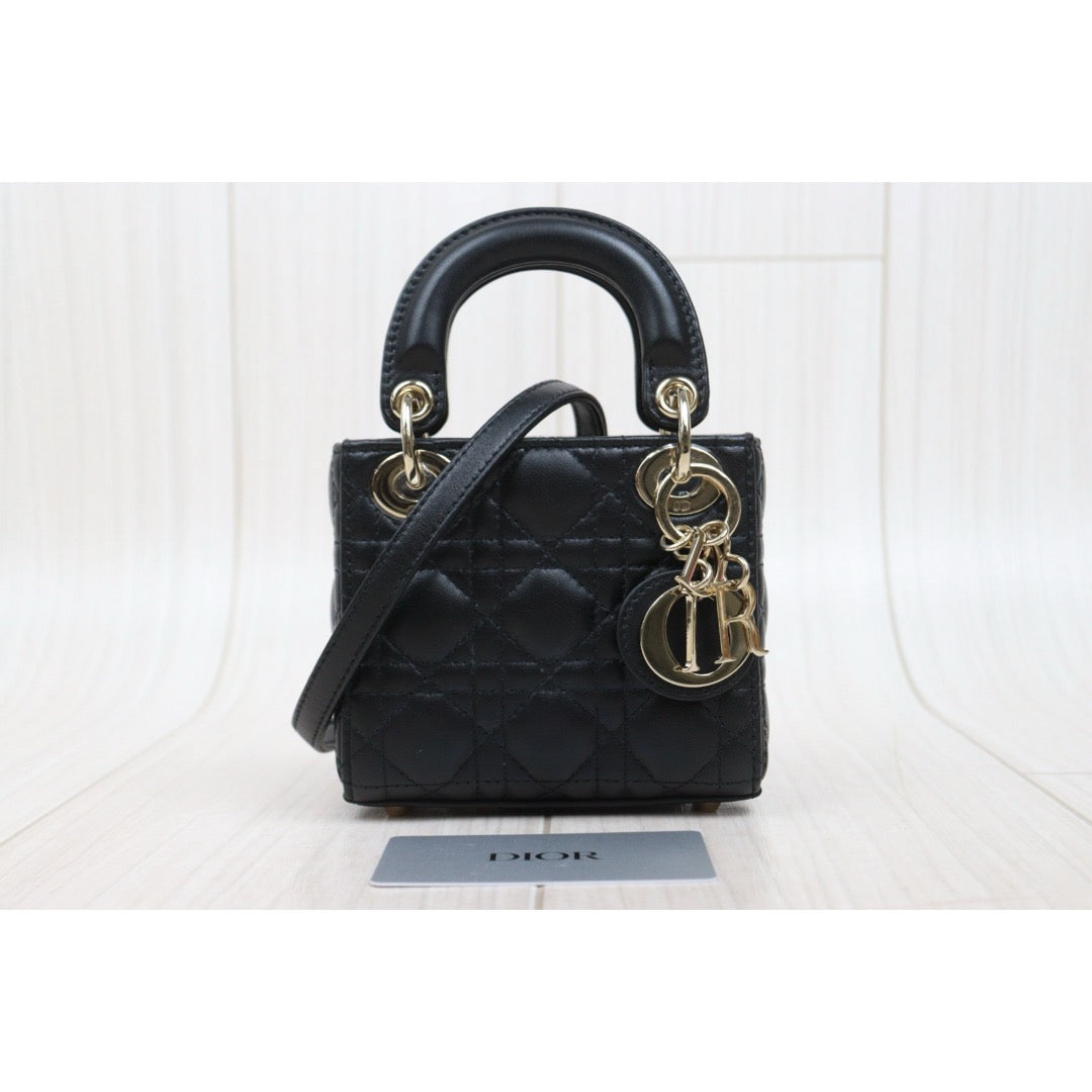 Very Good ( Rank A) ｜  Dior Mini Lady Dior Lamb Skin 2WAY Shoulder Bag Handbag Black  ｜S25110431