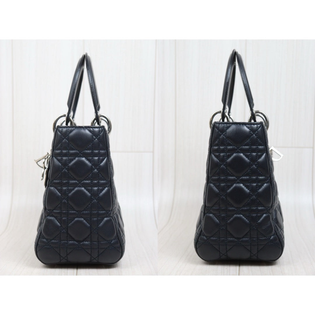 Include Entrupy Certificate of Authenticity｜Very Good ( Rank A) ｜  Dior Lady Dior Lamb Skin 2WAY Handbag Shoulder Bag Navy Blue ( Nearly Black ) ｜S26030909