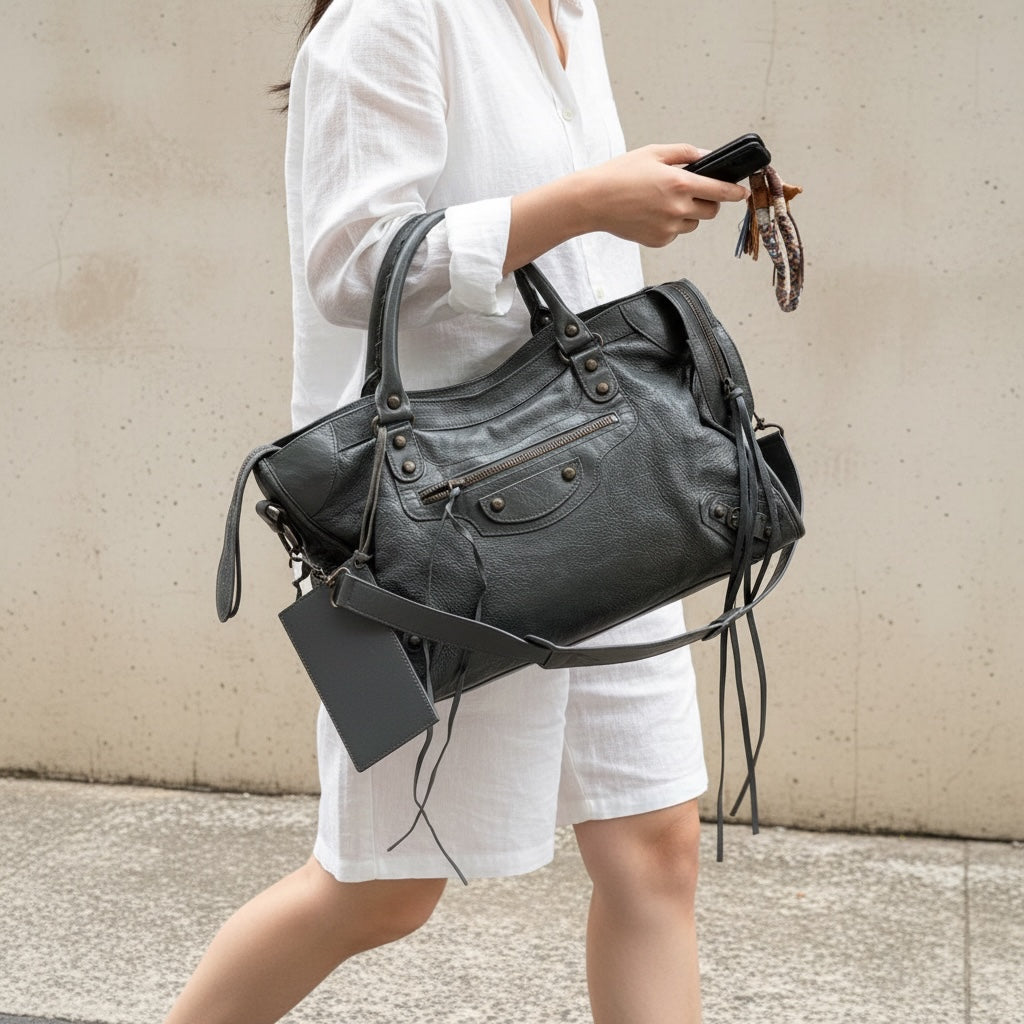 Include Entrupy Certificate of Authenticity｜Good ( Rank AB)｜Balenciaga Waxed Leather Classic City MM Grey HandBag Shoulder Bag ｜S26060108