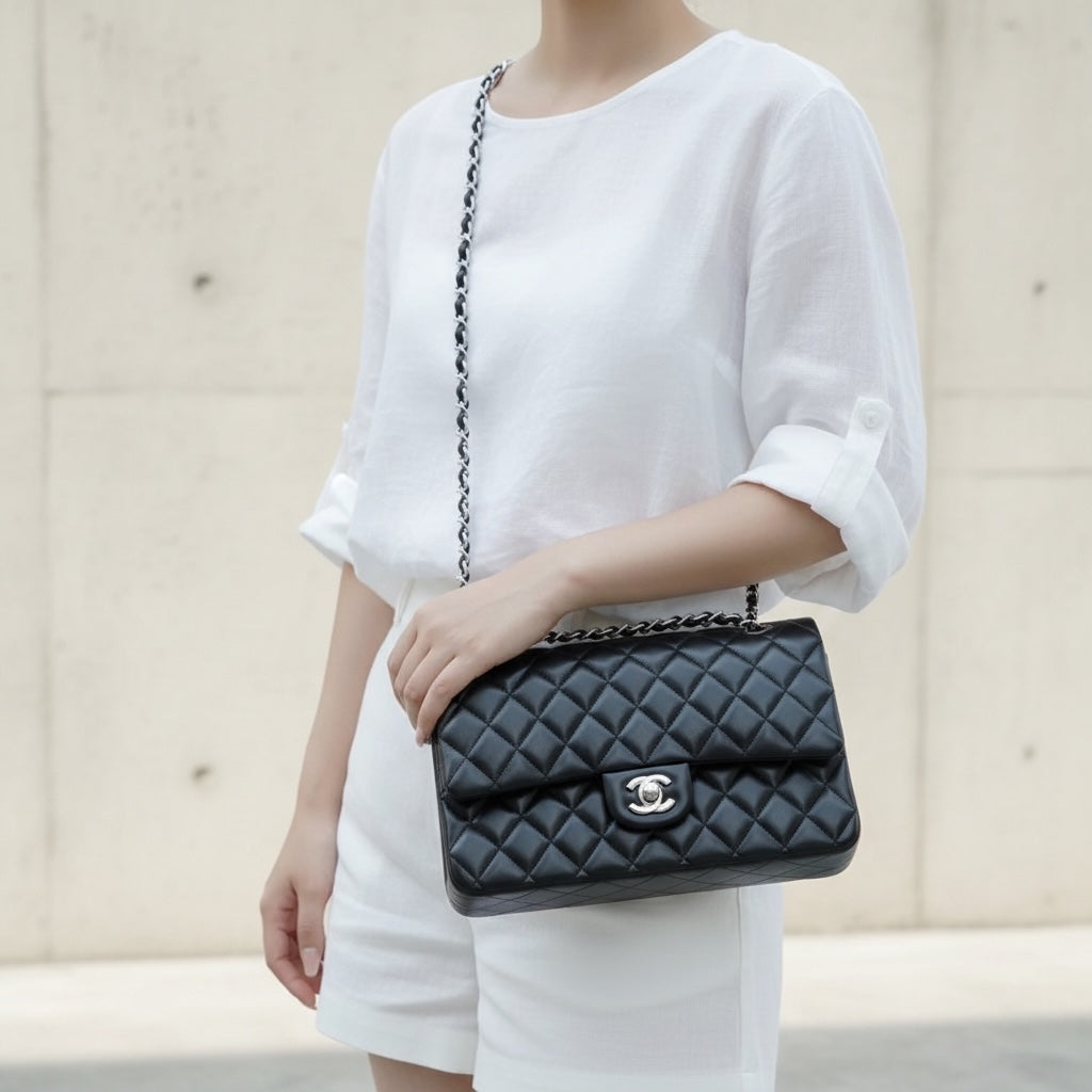 Include Entrupy Certificate of Authenticity｜Very Good ( Rank A)｜ CHANEL Lamb Skin Matrasse Chain Double Flap 25 Shoulder Bag  Black Made In 2021-2022Year｜S26052207