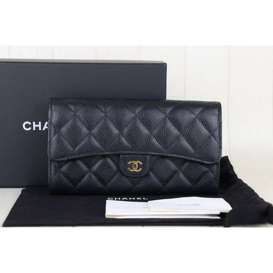 Very Good ( Rank A)|CHANEL Caviar Skin Black Long Wallet Made In 2020 - 2021 Year|H25011310