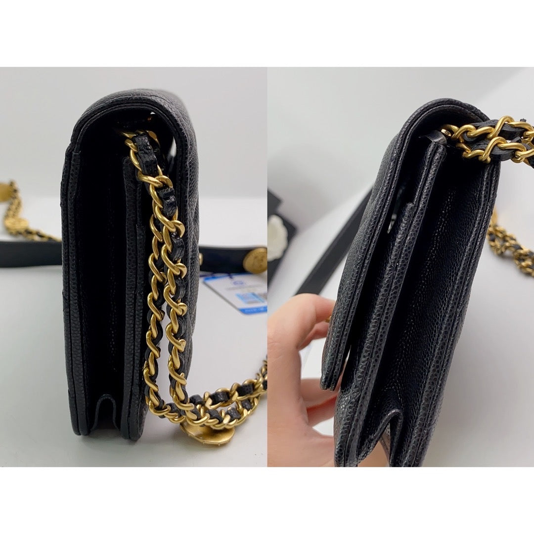 Rank A｜ CHANEL Matelasse Caviar Skin COCO Mark Coins Chain Wallet Black Gold Hardware ｜2302239