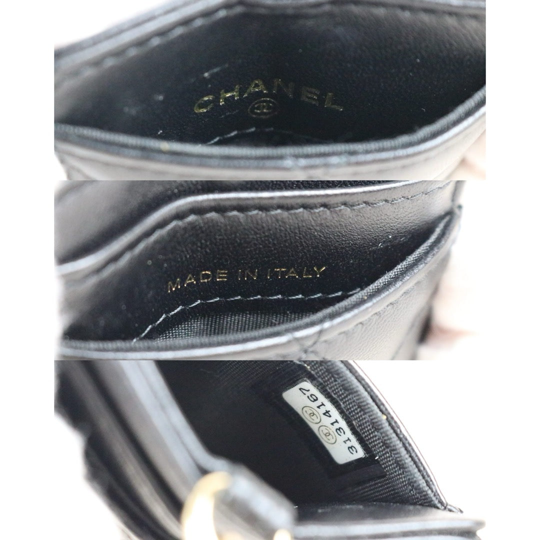Include Entrupy Certificate of Authenticity｜Very Good ( Rank A)｜ CHANEL Coco Mark Lambskin Matrasse Bow Chain Card Holder Black Made In 2021-2022Year｜S26061501